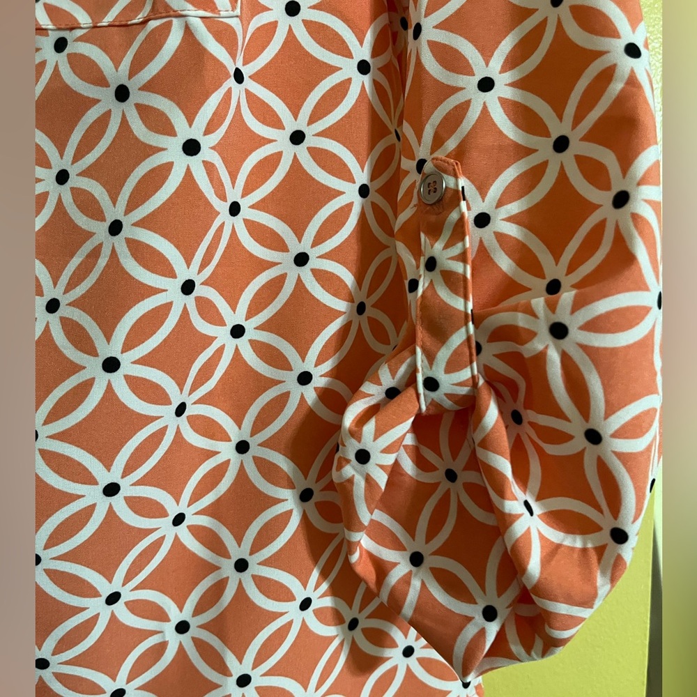 Geometric Print Roll-Tab Blouse - Orange - Picture 3 of 6